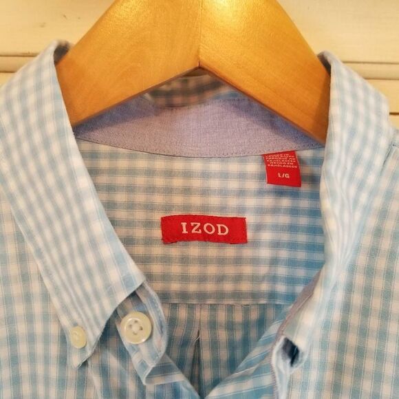IZOD Blue White Plaid L/S Button Down Large - Picture 2 of 7